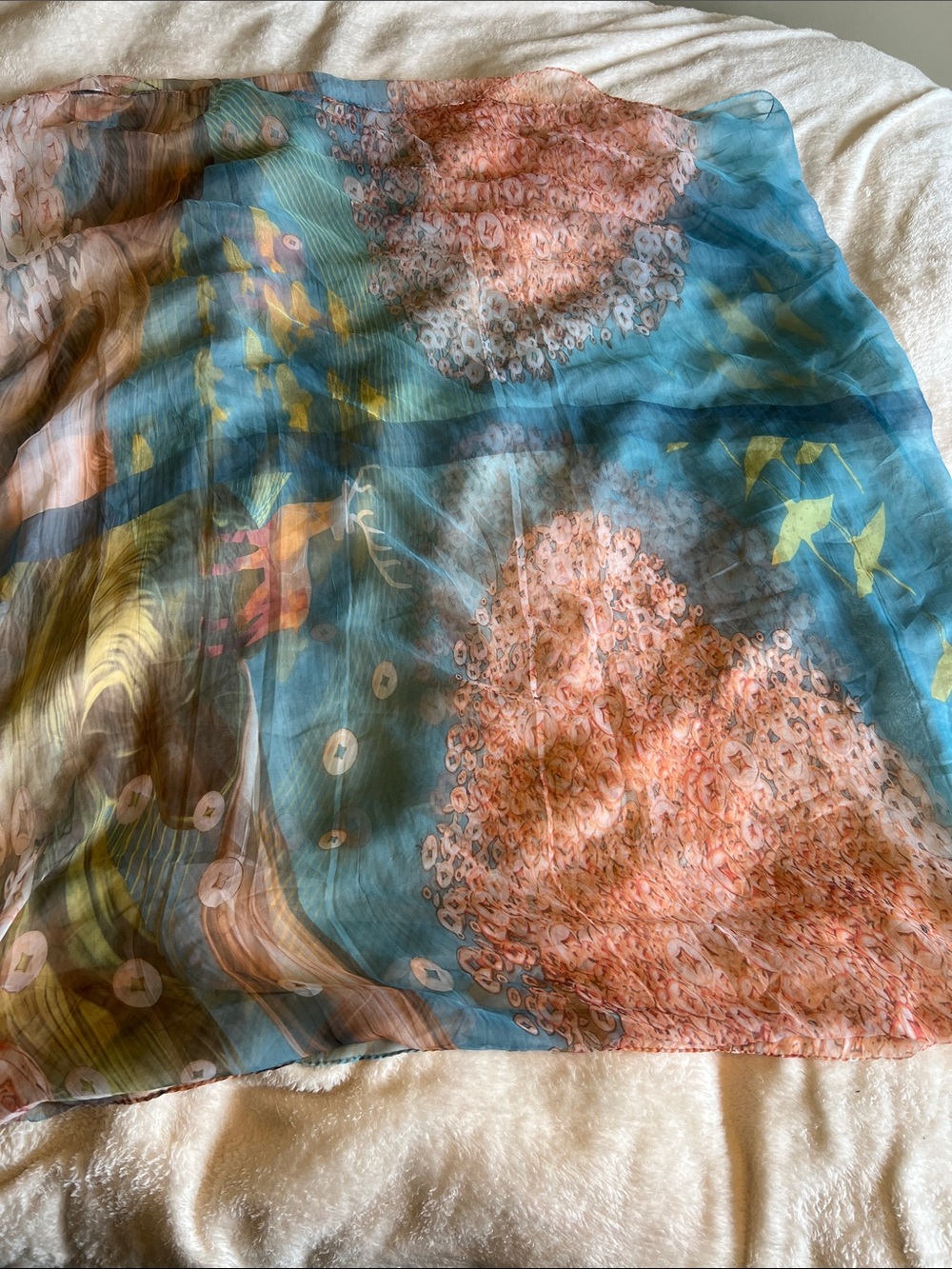 Lightweight digital-printed scarf featuring a stylized deer in a forest 43x70in